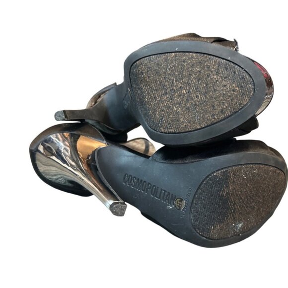 COSMOPOLITAN Womens Black Satin Ankle Strap Peep Toe 5" Heels 7.5 Chic - Picture 8 of 8